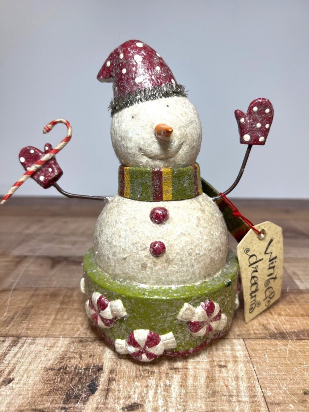 Handcrafted Snowman Figurine With Peppermint Accents Scarf & Hat Winter Dreams H